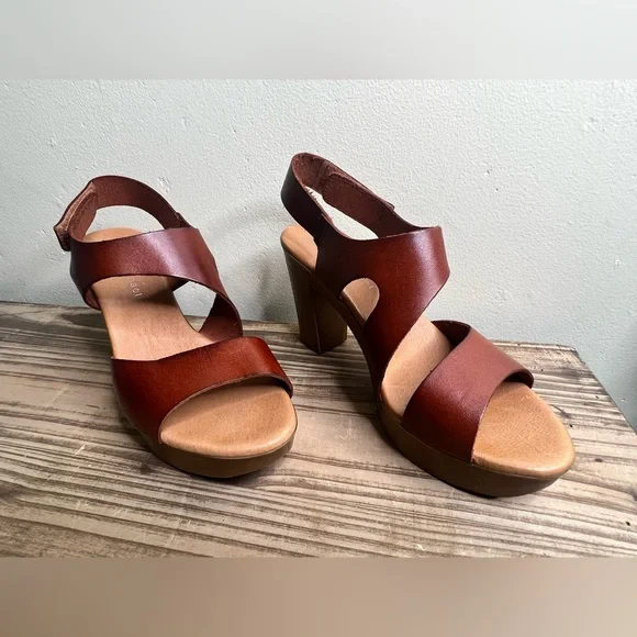 Eric Michael Leather Cutout Heel Platform Sandal 40 Spain 9.5 10 Brown Carmel - Picture 5 of 12